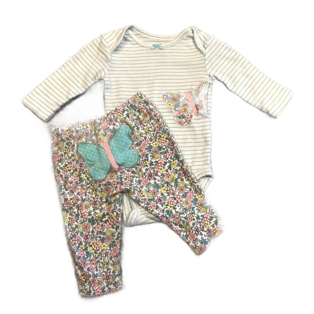 0-3 Girls Carter's Baby Blue Striped Onesie with Floral Butterfly, Matching Floral Leggings with Butterfly