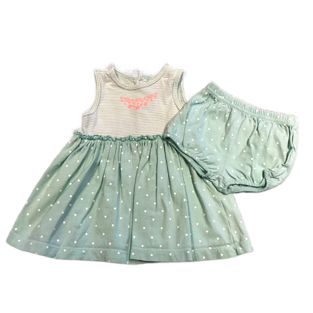 3-6 Girls Just One You Teal and White Patterned Dress with Orange Detail, Matching Polka Dot Bloomers