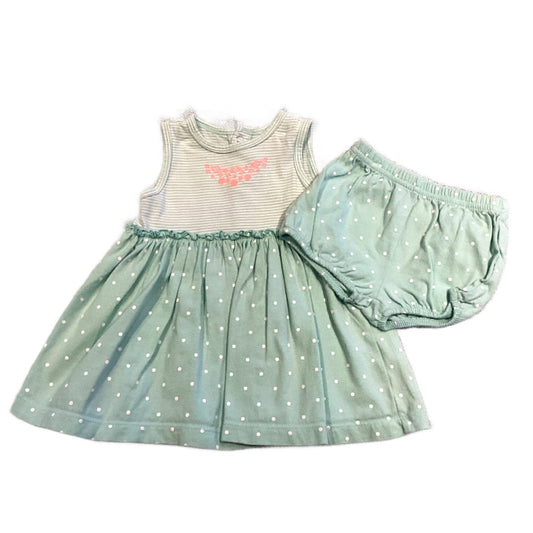 3-6 Girls Just One You Teal and White Patterned Dress with Orange Detail, Matching Polka Dot Bloomers