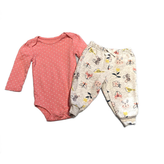 3-6 Girls BabyStarters Pink and White Polka Dot Long Sleeved Onesie, Carter's Animal Sweatpants