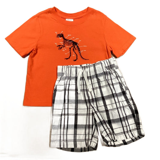 3T Boys Hannah Andersson Orange Dino Skeleton Tshirt, Jumping Beans Black/White Plaid Shorts