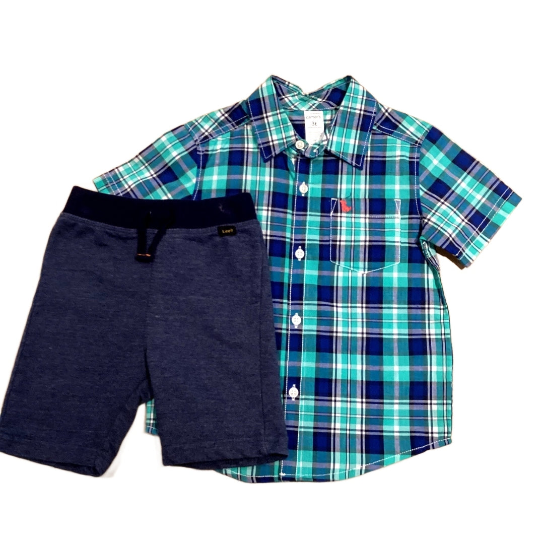 3T Boys NWT Carter's Teal/Royal Plaid Button-down, Lee Denim-Look Shorts