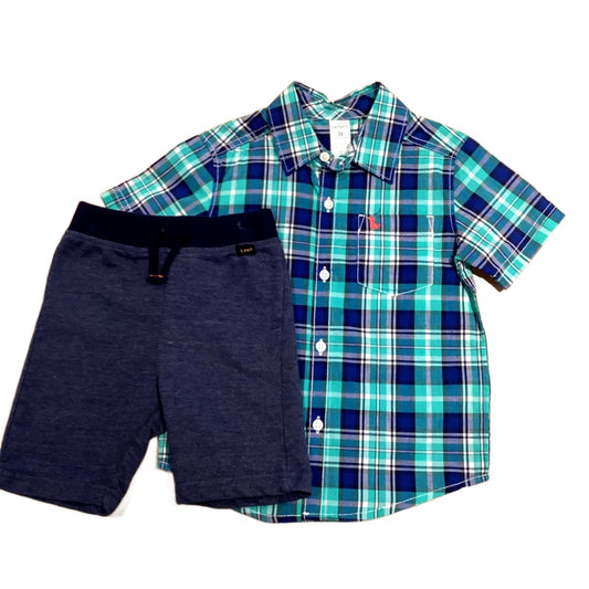 3T Boys NWT Carter's Teal/Royal Plaid Button-down, Lee Denim-Look Shorts