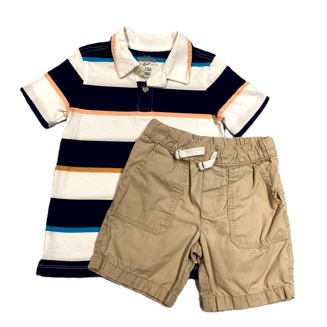 3T Boys OshKosh White/Royal Striped Polo, Carter's Khaki Shorts