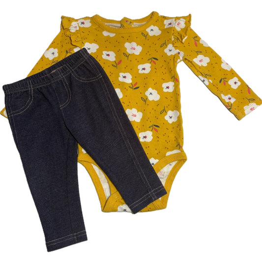 3-6 Girls Just One You Mustard Floral Long Sleeve Onesie, Carter's Jeggings