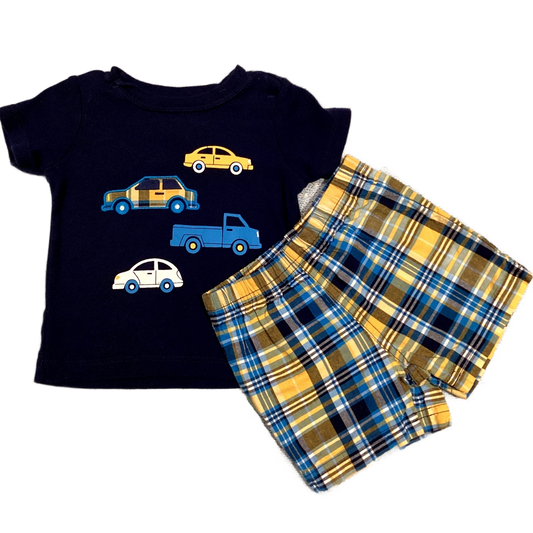 6-9 Boys Carter's Navy Shirt w/Vehicles, Matching Plaid Shorts