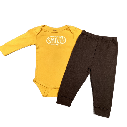 6-9 Boys Gerber's Yellow Smile Long Sleeve Onesie, Gray Leggings