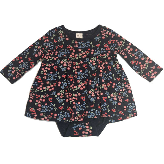 6-9 Girls H&M Navy Blue Floral Dress w/Built-In Onesie