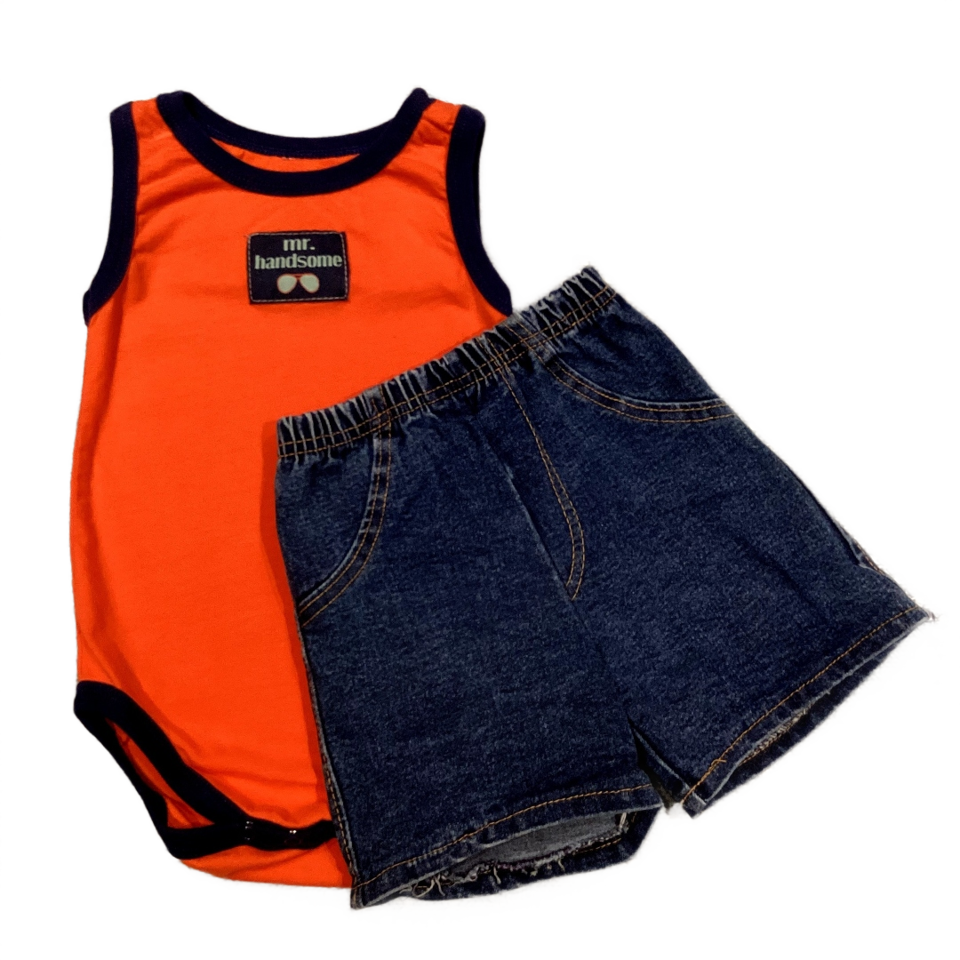6-9 Boys Cutie Pie Orange Mr. Handsome Onesie, Denim Shorts