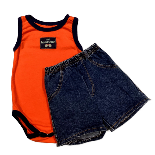 6-9 Boys Cutie Pie Orange Mr. Handsome Onesie, Denim Shorts