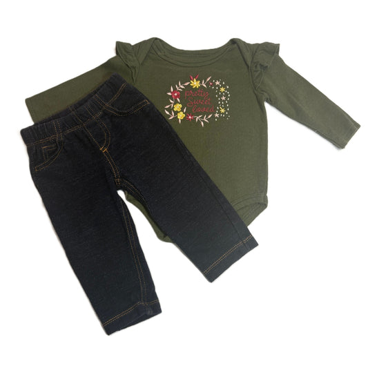 6-9 Girls Princess Rose Olive Pretty Sweet Loved Ruffled Onesie, Carter's Jeggings