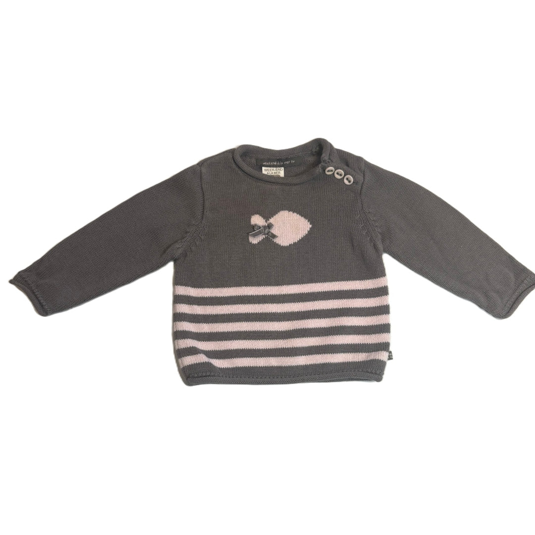 6-9 Girls Weekend a la Mere Gray and Pink Striped Sweater w/ Goldfish