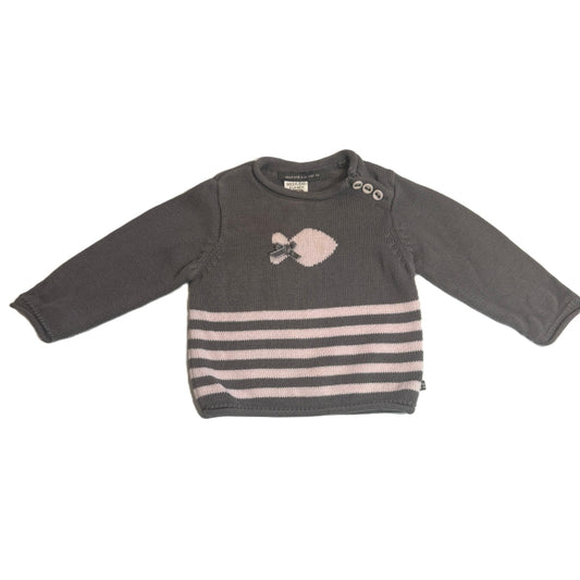6-9 Girls Weekend a la Mere Gray and Pink Striped Sweater w/ Goldfish