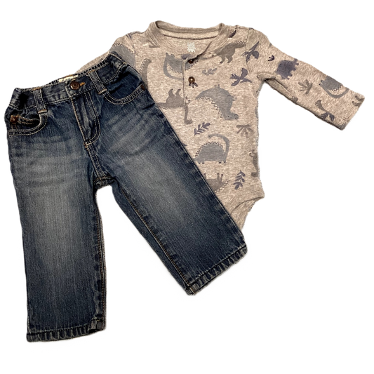 6-9 Boys Just One You Light Gray Long Sleeve Onesie w/Pastel Dinos, OshKosh Jeans