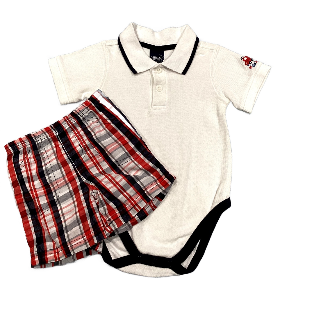 6-9 Boys Oshkosh White Polo w/Ambulance on Sleeve, Carter's Plaid Shorts