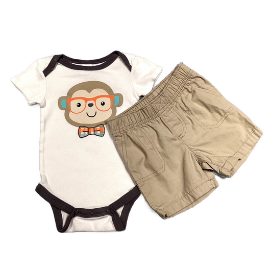 6-9 Boys Cutie Pie White Onesie w/Monkey Face, Carter's Khaki Shorts