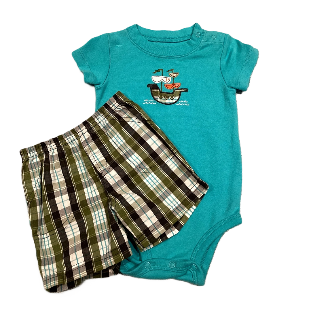 6-9 Boys Carter's Turquoise Onesie w/Pirate Ship, Matching Plaid Shorts