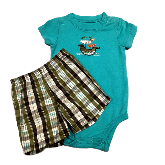 6-9 Boys Carter's Turquoise Onesie w/Pirate Ship, Matching Plaid Shorts