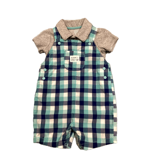 6-9 Boys Just One You Gray Polo, Matching Plaid Overalls
