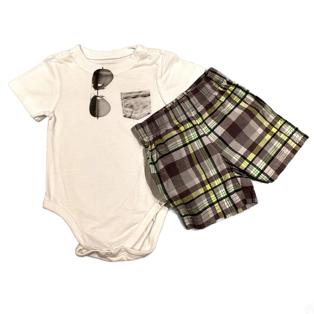 6-9 Boys The Children's Place White Onesie w/Sunglasses, Carter's Gray Plaid Shorts