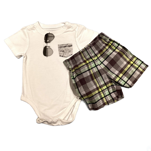 6-9 Boys The Children's Place White Onesie w/Sunglasses, Carter's Gray Plaid Shorts