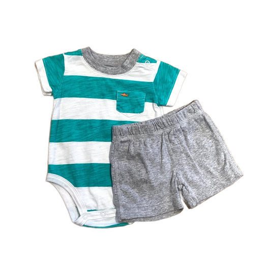 0-3 Boys Carter's Teal and White Thick Striped Onesie, Matching Carter's Shorts