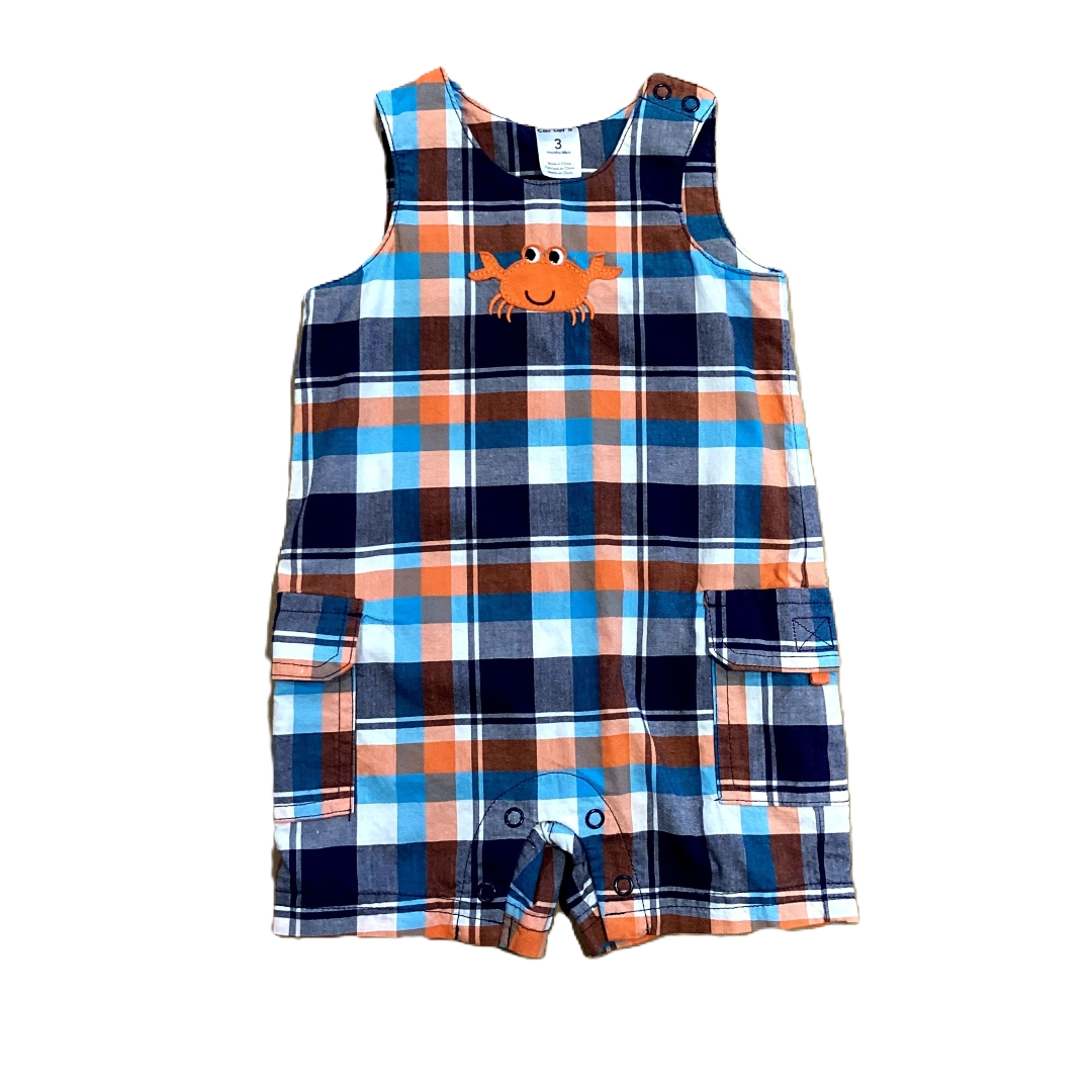 0-3 Boys Carter's Blue and Orange Plaid Overalls with Crab Decal