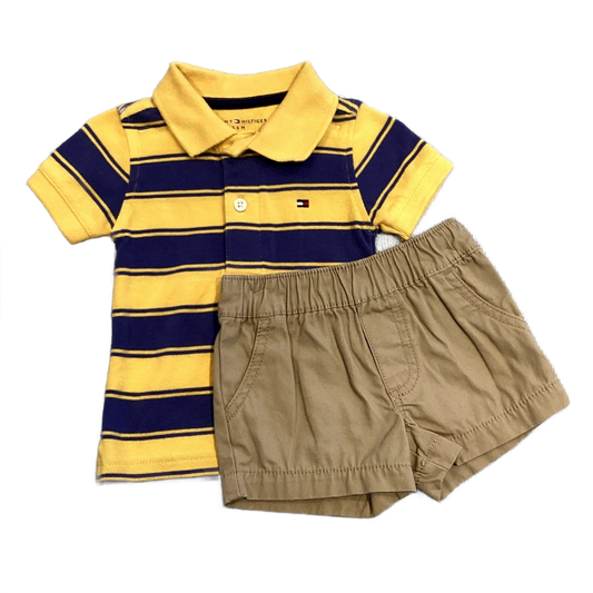 0-3 Boys Tommy Hilfiger Blue and Yellow Striped Polo, Carter's Khaki Shorts