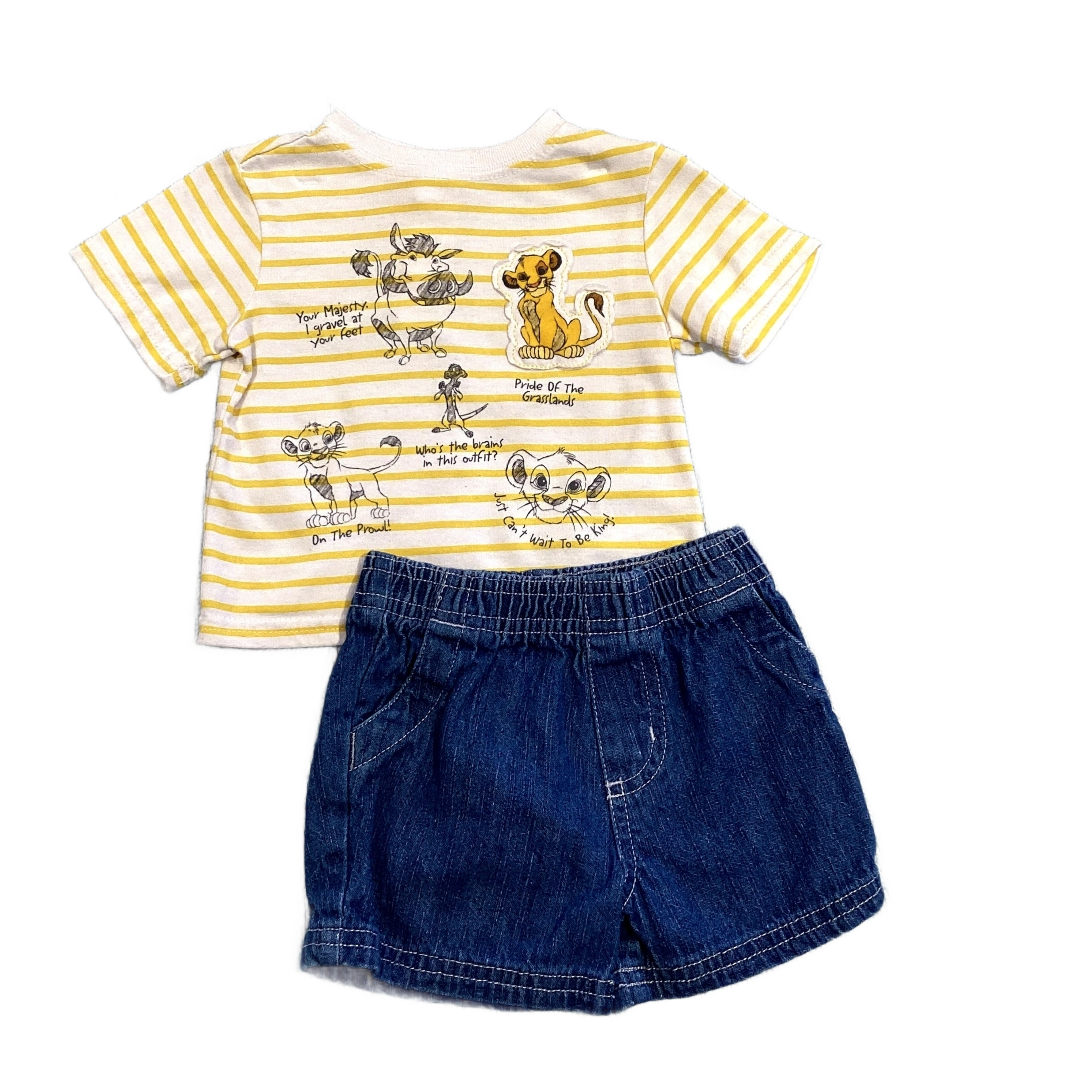 0-3 Boys Disney Baby White and Yellow Lion King T-Shirt, Garanimals Denim Stretchy Shorts