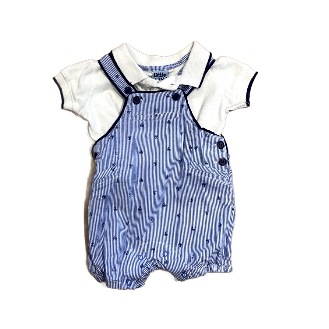 0-3 Boys Little Lad Blue and White Polo T-Shirt with Boat Overalls