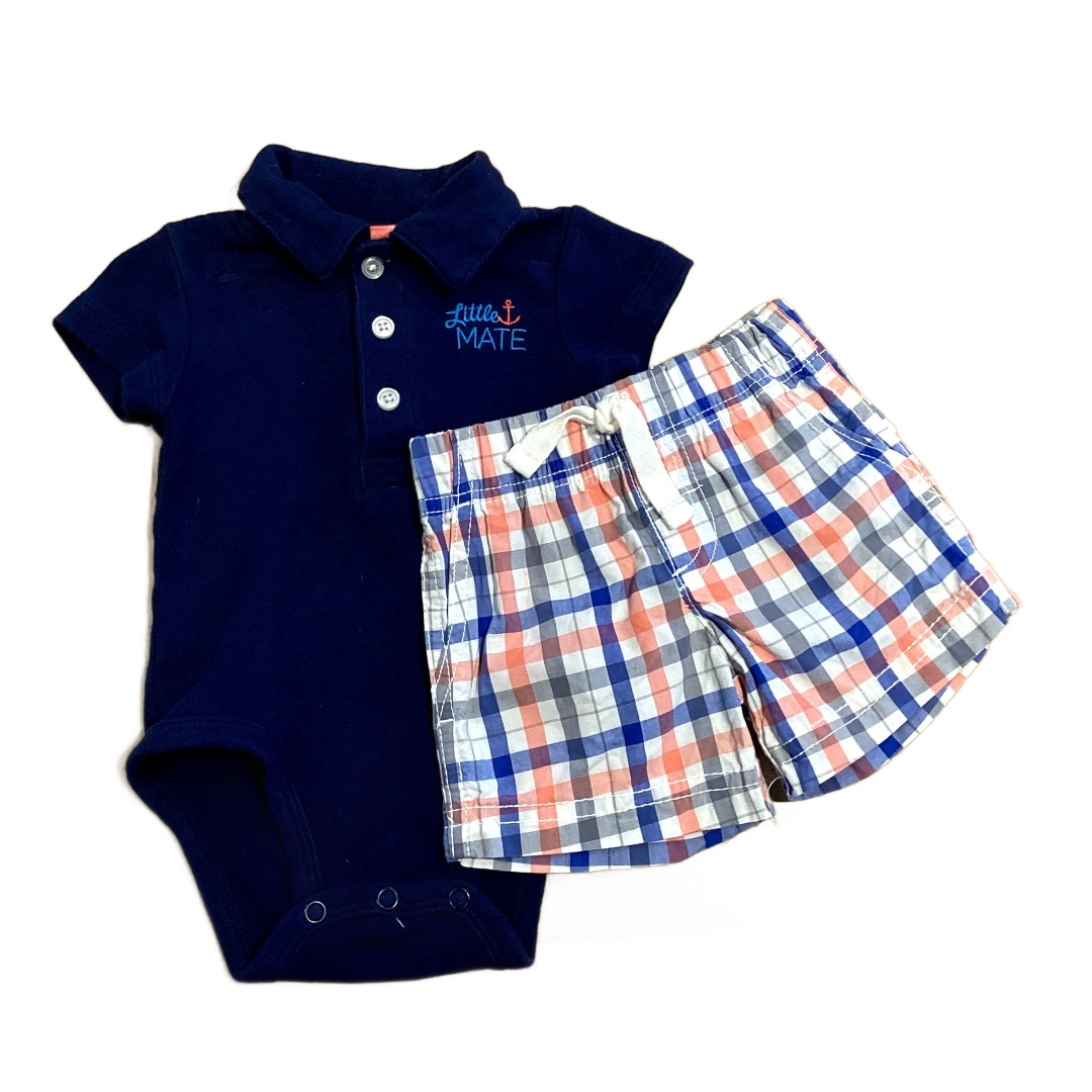 0-3 Boys Carter's Navy Blue Little Mate Collared Onesie, Just One You Multi-Colored Plaid Shorts
