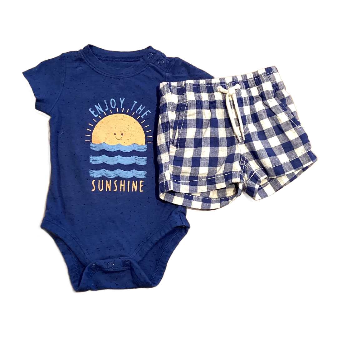 0-3 Boys Jumping Beans Enjoy The Sunshine Blue Onesie, Baby Gap Blue and White Plaid Shorts