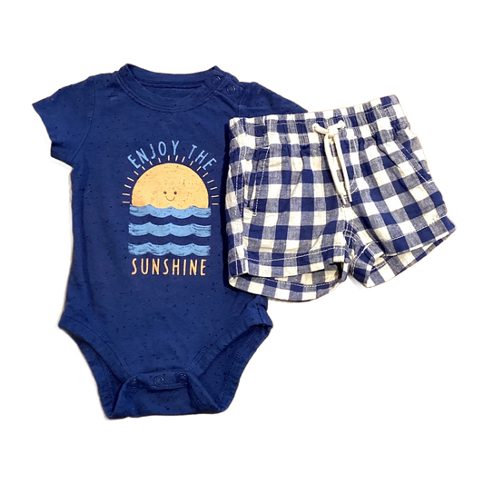 0-3 Boys Jumping Beans Enjoy The Sunshine Blue Onesie, Baby Gap Blue and White Plaid Shorts