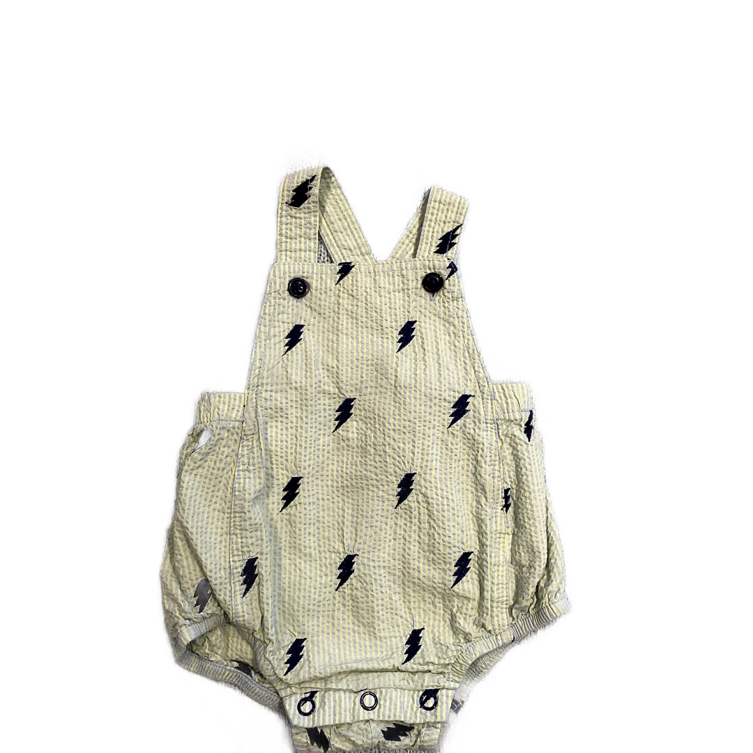 0-3 Boys Hooray Neon Yellow and Gray Striped Overalls with Blue Lightning Pattern