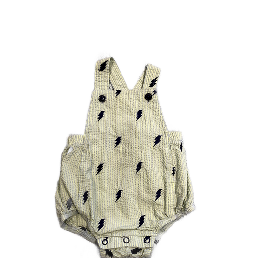 0-3 Boys Hooray Neon Yellow and Gray Striped Overalls with Blue Lightning Pattern