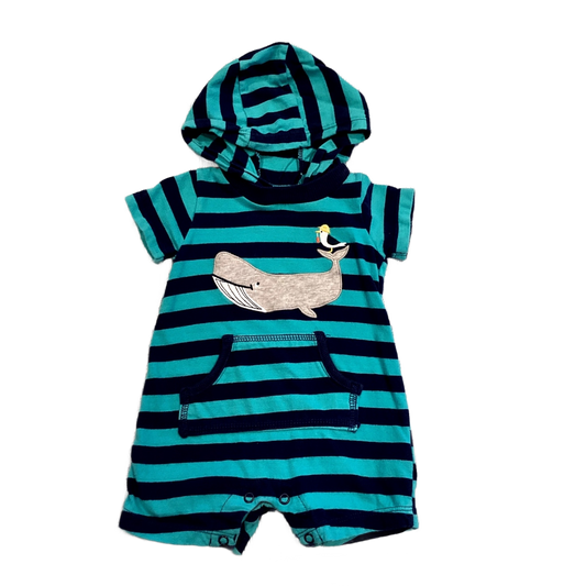 0-3 Boys Carter's Teal and Navy Blue Striped Romper with Hood and Whale Decal