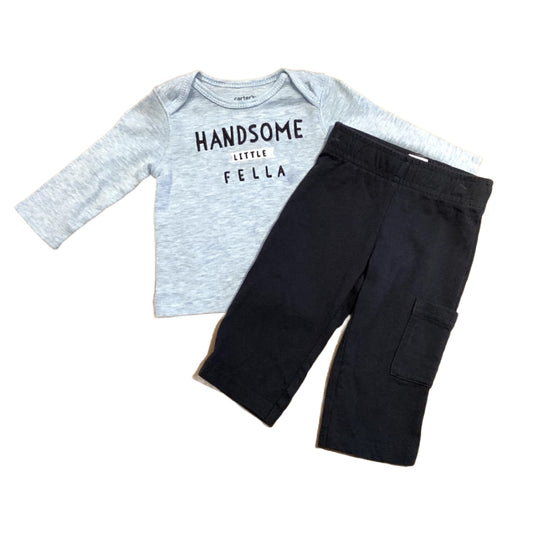 0-3 Boys Carter's Handsome Little Fella Light Blue Long Sleeved T-Shirt, Carter's Dark Gray Fabric Pants