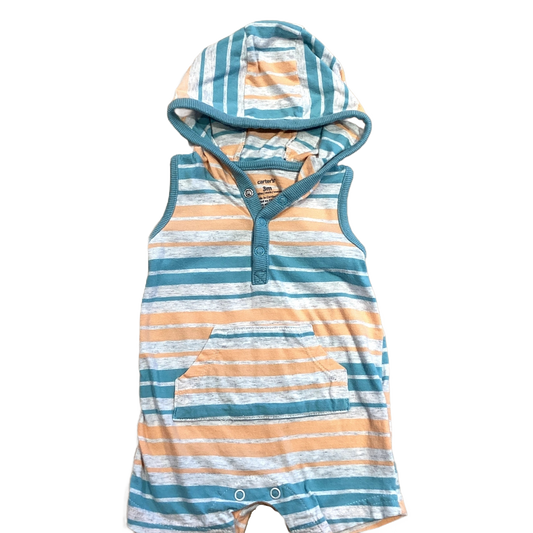 0-3 Boys Carter's White, Blue and Orange Striped Romper with Hood