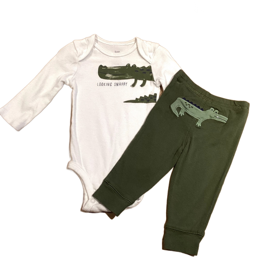 3-6 Boys Just One You Lookin Snappy Onesie, Carter's Army Green Leggings with Crocodile On Bottom