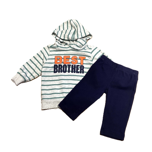 3-6 Boys Carter's Green and Gray Striped Best Brother Sweatshirt with Hood, Carter's Navy Blue Pants
