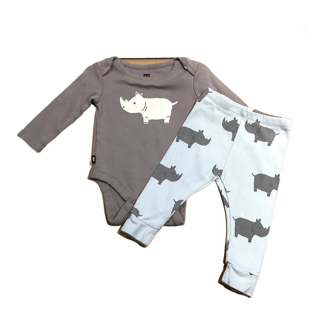 3-6 Boys Tea Light Gray Rhino Long Sleeved Onesie with Matching Light Blue Rhino Leggings