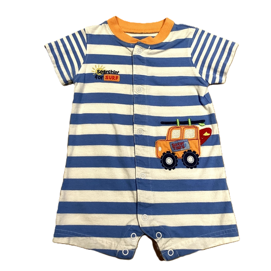3-6 Boys Just One You Blue and White Striped Onesie with Surf Decals