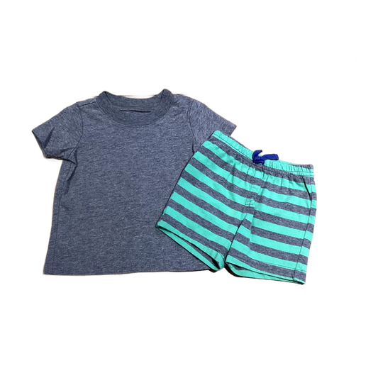 3-6 Boys Carter's Gray T-Shirt, Child of Mine Green and Gray Striped Shorts