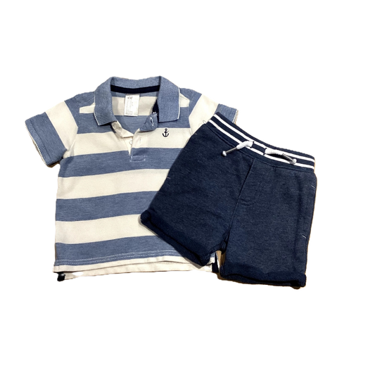 3-6 Boys H&M Blue and White Thick Striped Polo, Garanimals Cloth Shorts