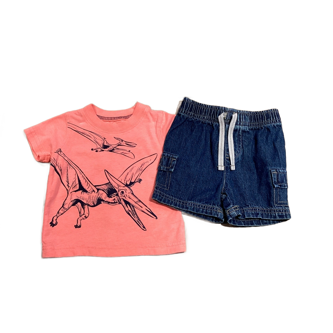 3-6 Boys Carters Neon Orange Dinosaur T-Shirt, Jumping Beans Denim Shorts with Strethcy Waistband