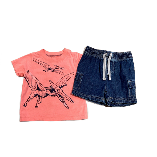 3-6 Boys Carters Neon Orange Dinosaur T-Shirt, Jumping Beans Denim Shorts with Strethcy Waistband