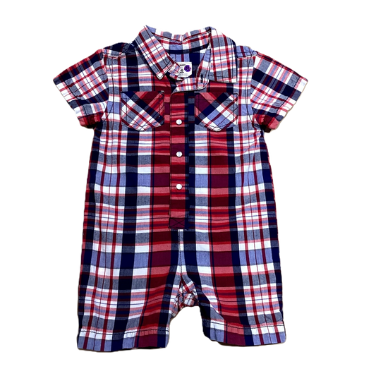 3-6 Boys Old Navy Red White and Blue Plaid Button Down Onesie