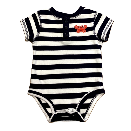 3-6 Boys Carter's Navy Blue and White Striped Short Sleeve Onesie with Crab Decal