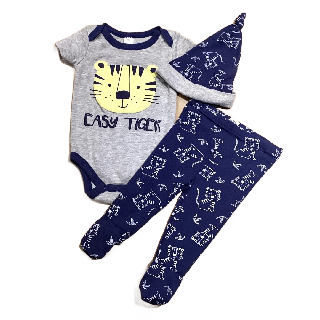 3-6 Boys Baby Kiss Gray Easy Tiger Onesie with Matching Leggings and Hat