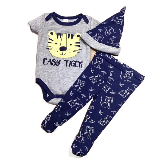 3-6 Boys Baby Kiss Gray Easy Tiger Onesie with Matching Leggings and Hat